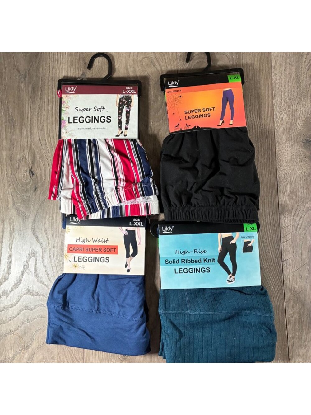 Lildy Super Soft Leggings Bundle: Striped Black Navy Capri & Ribbed Knit Sizes L